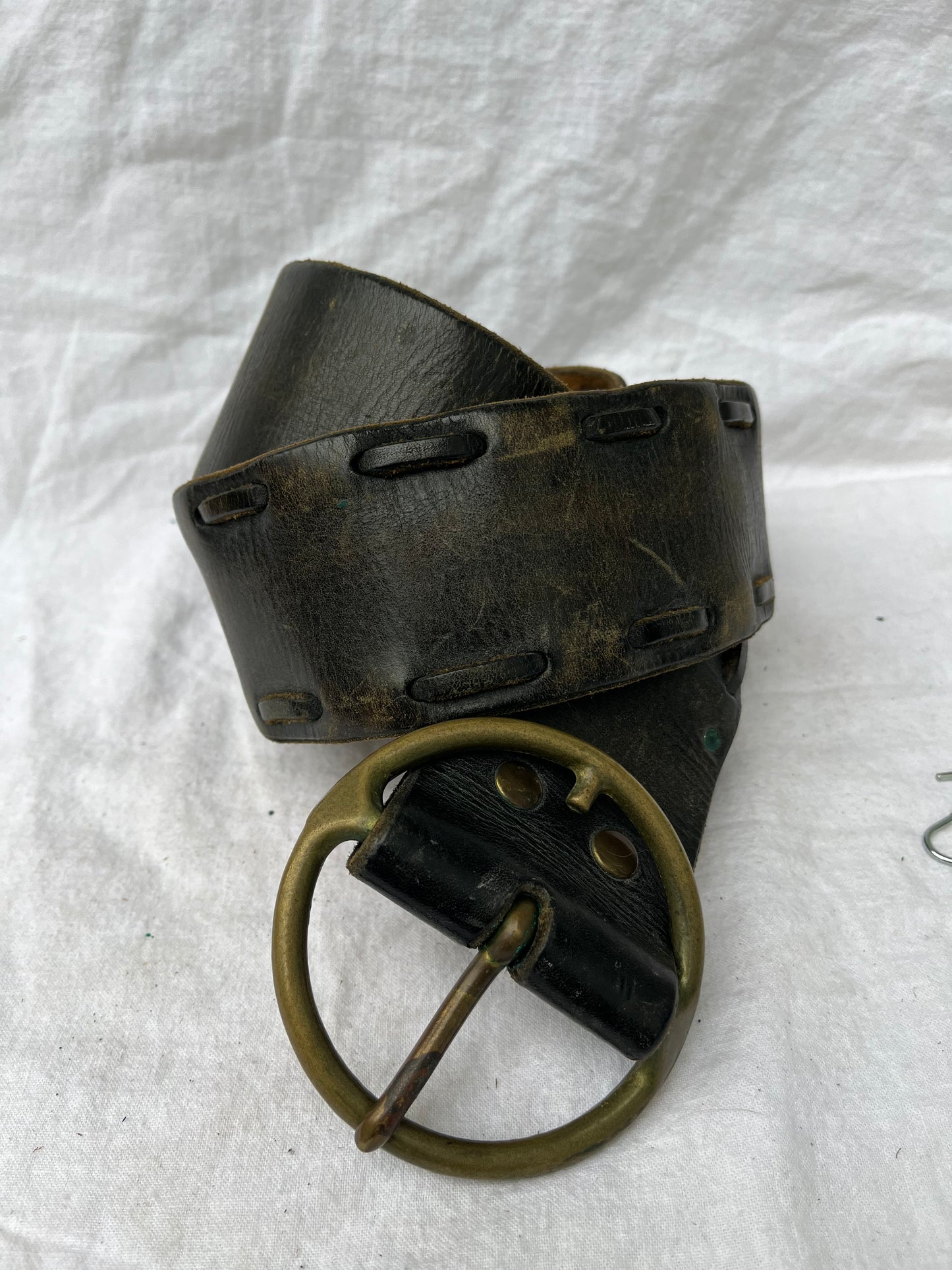 Wide Black Leather Belt with Brass Buckle 38”-41”