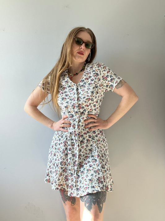 1990s Cotton Ribbed Floral Mini Dress M