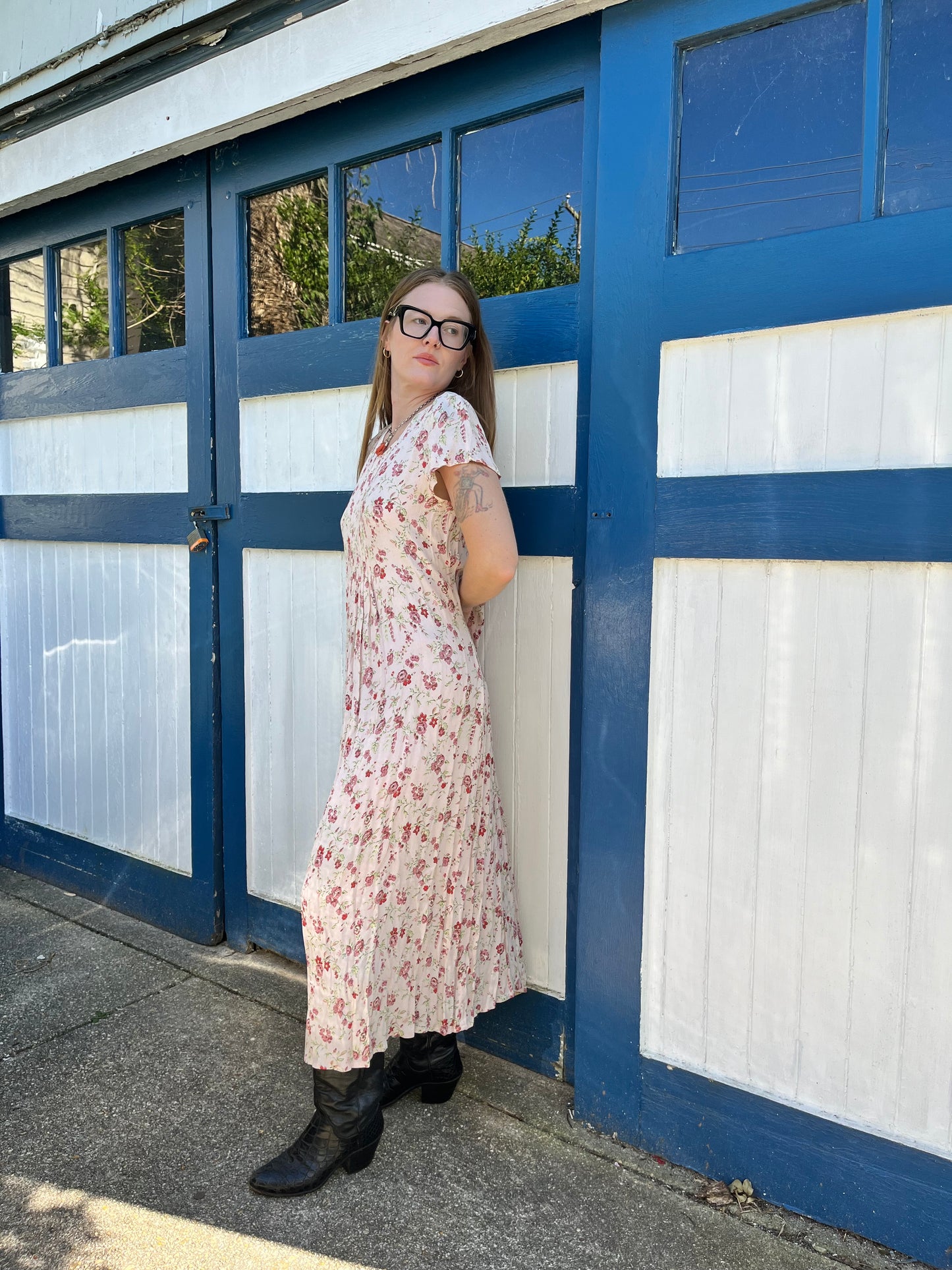 100% Rayon Pale Pink Floral Maxi Dress 1990's