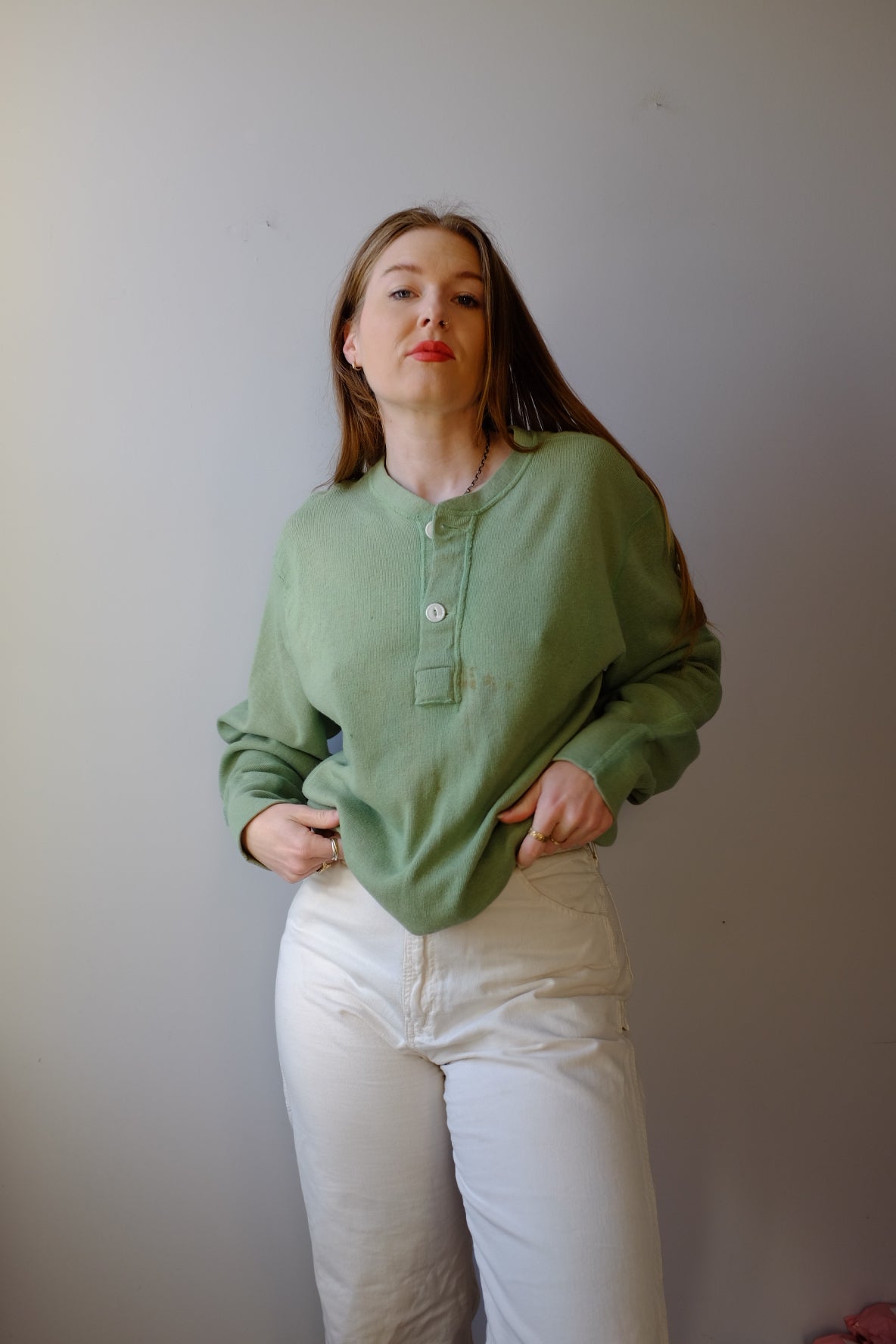 Vintage 1940s Wool Green Henley L