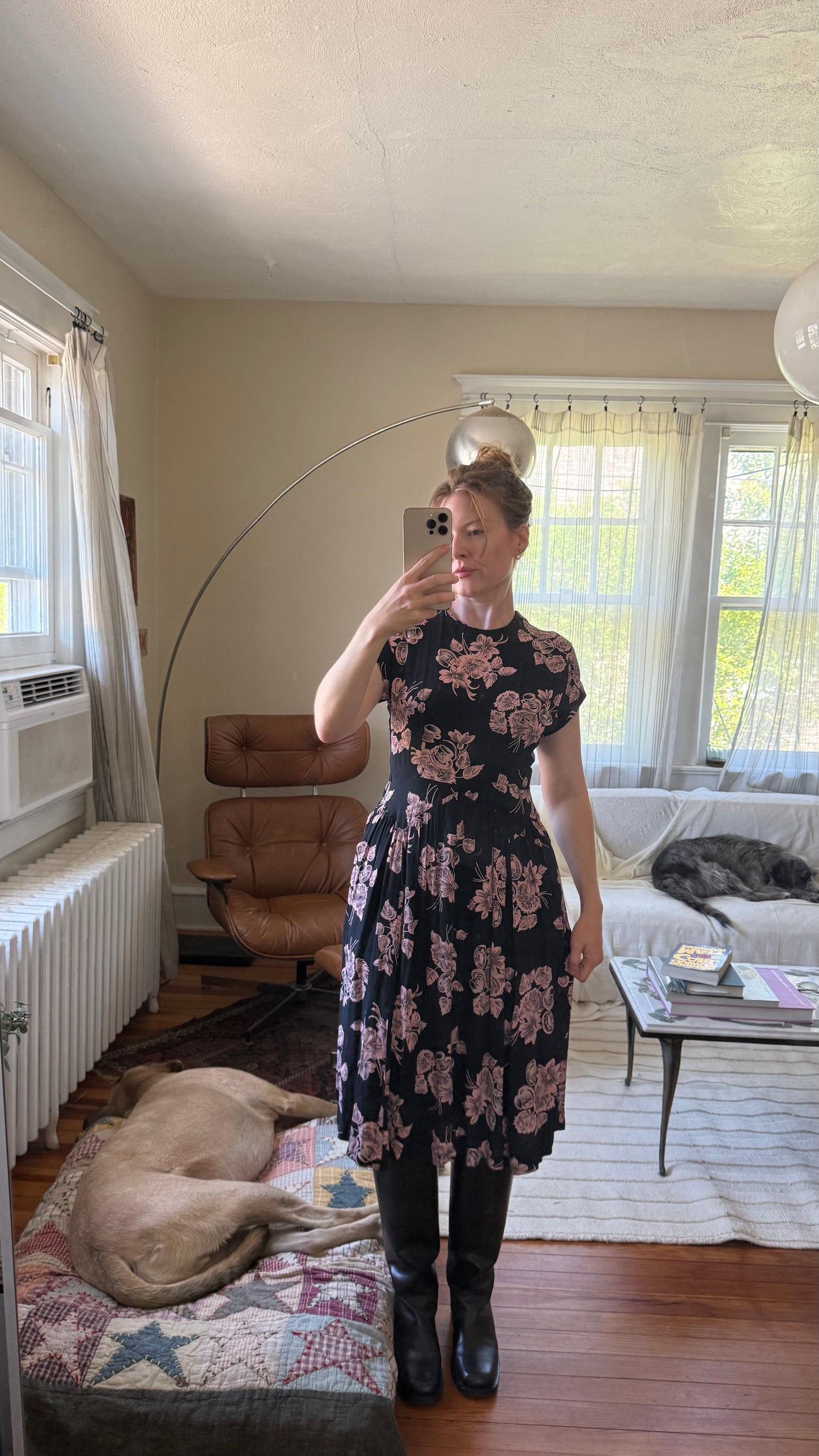 1940s or 1950s Cold Rayon Tea Cup Print Dress S/M