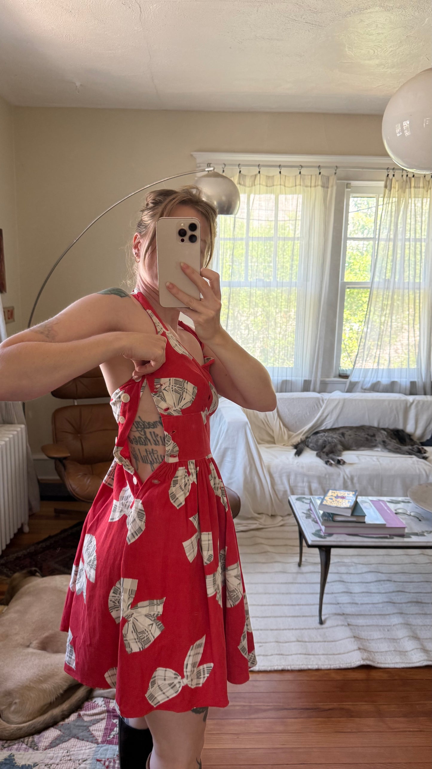 1940s Cotton Halter Dress with Bow Print XS