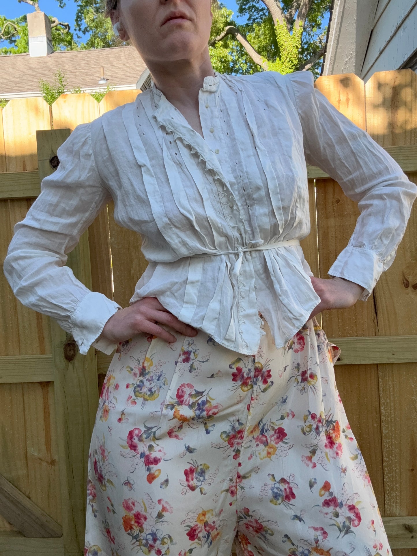 Antique Victorian Cotton White Blouse with Tie S