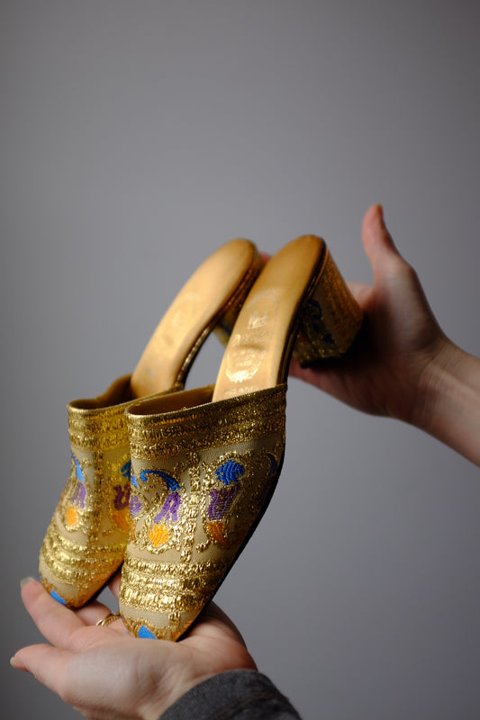 1970s Gold Printed Mules 7.5