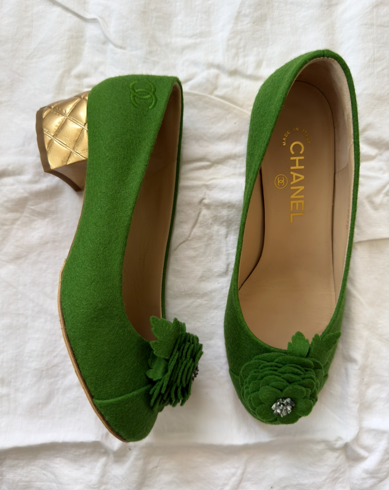 Kelly Green Chanel Camelia Felted Pumps 38C