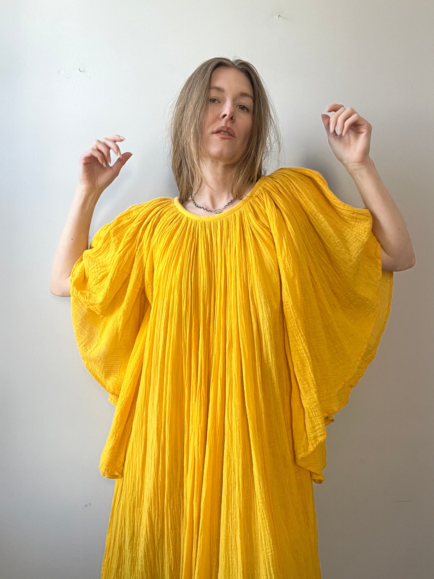 1970s Amerikan Climax Gauzy Cotton Yellow Flutter Sleeve Dress