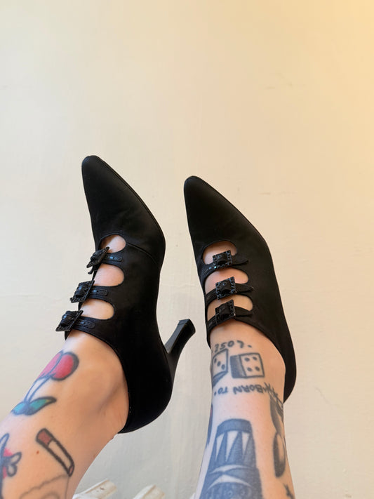 1980s Bottega Veneta Black Silk Pumps 7.5