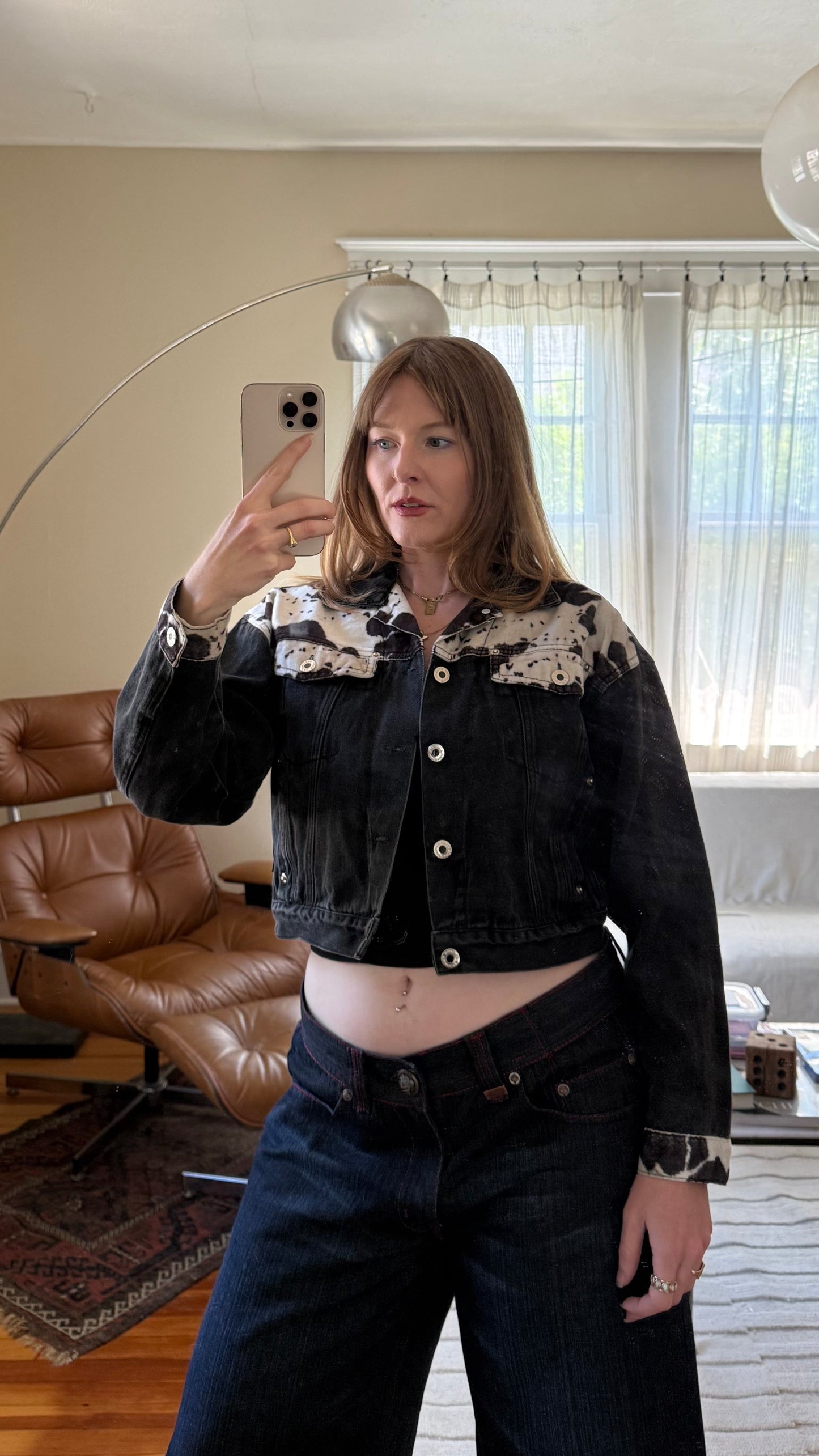 1980s Squeeze Black Denim Jacket with Cow Print