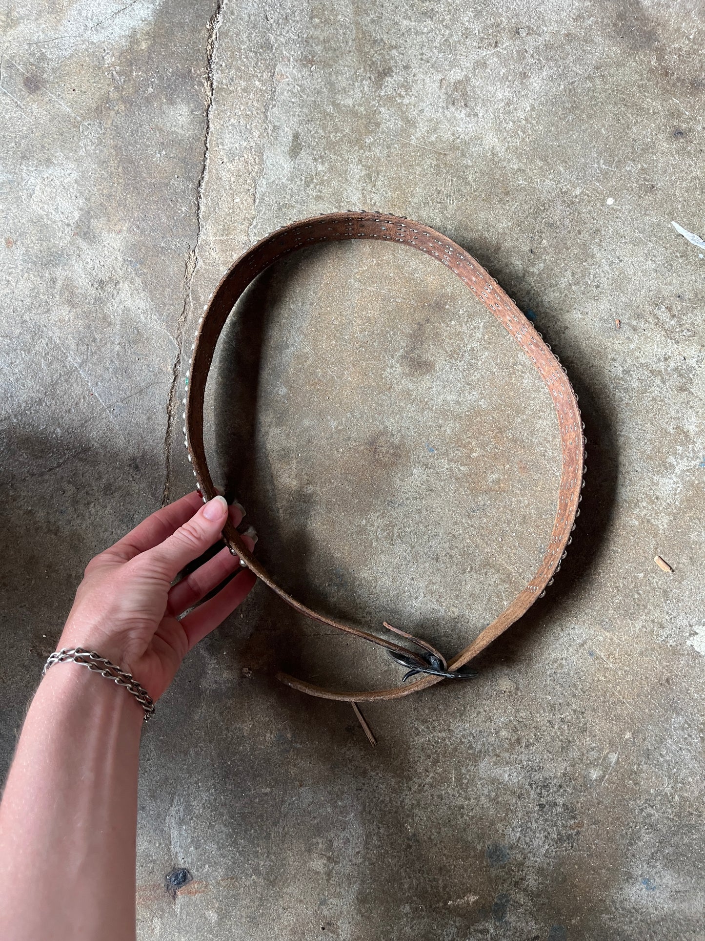 1940s Studded Jeweled Leather Belt Square Buckle 29”-35”