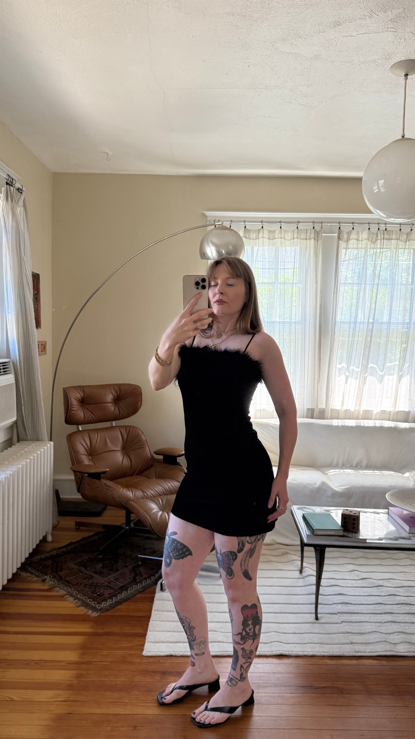 1990s Little Black Dress Velvet with Feather Boa S/M