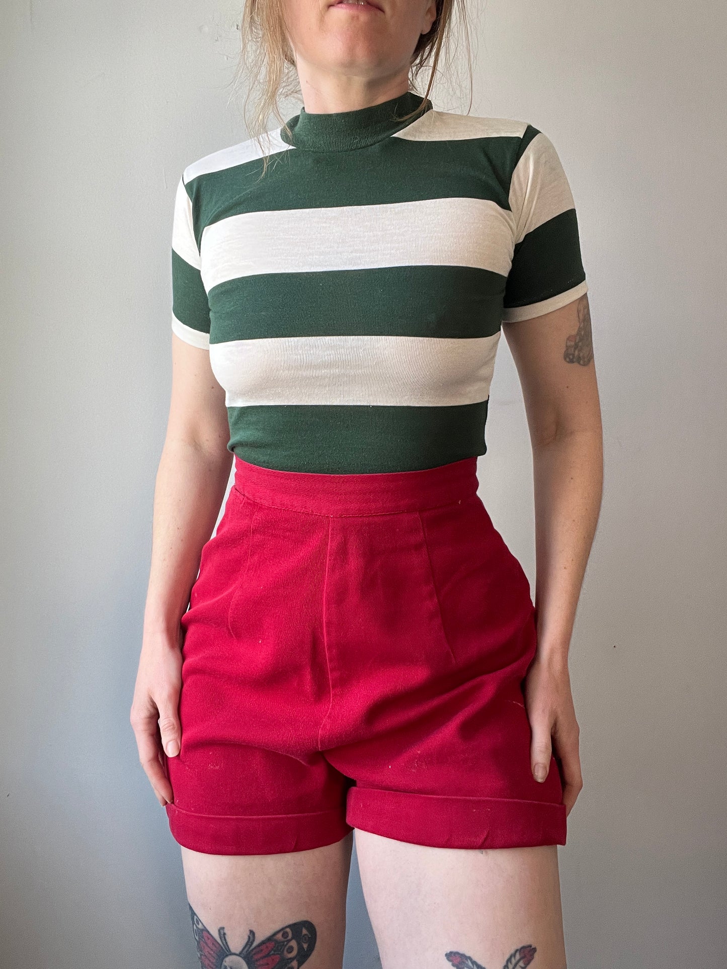 1960s 1970s Green Striped Tee S