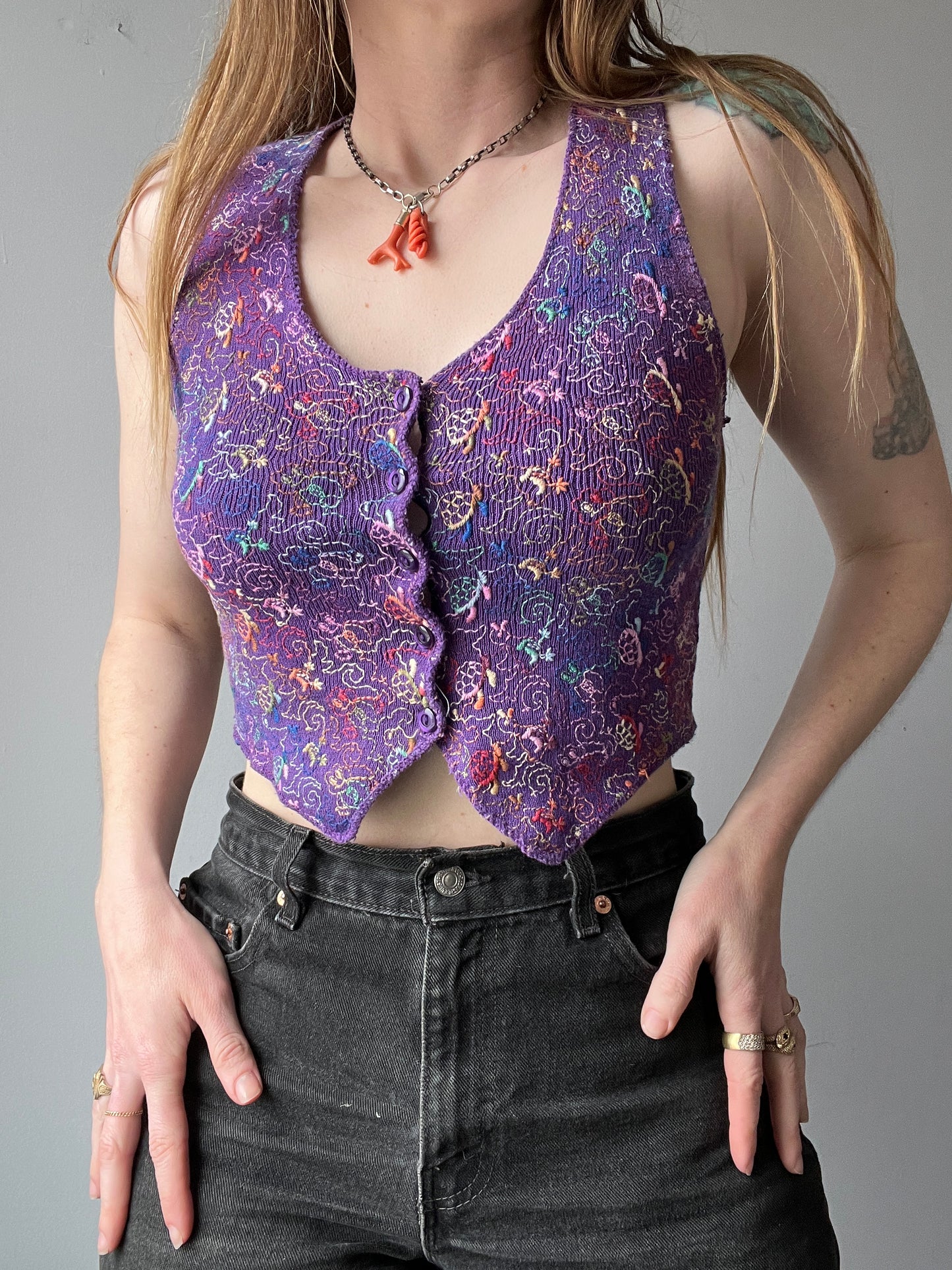 1970s Embroidered Purple Cropped Small Vest XS/S