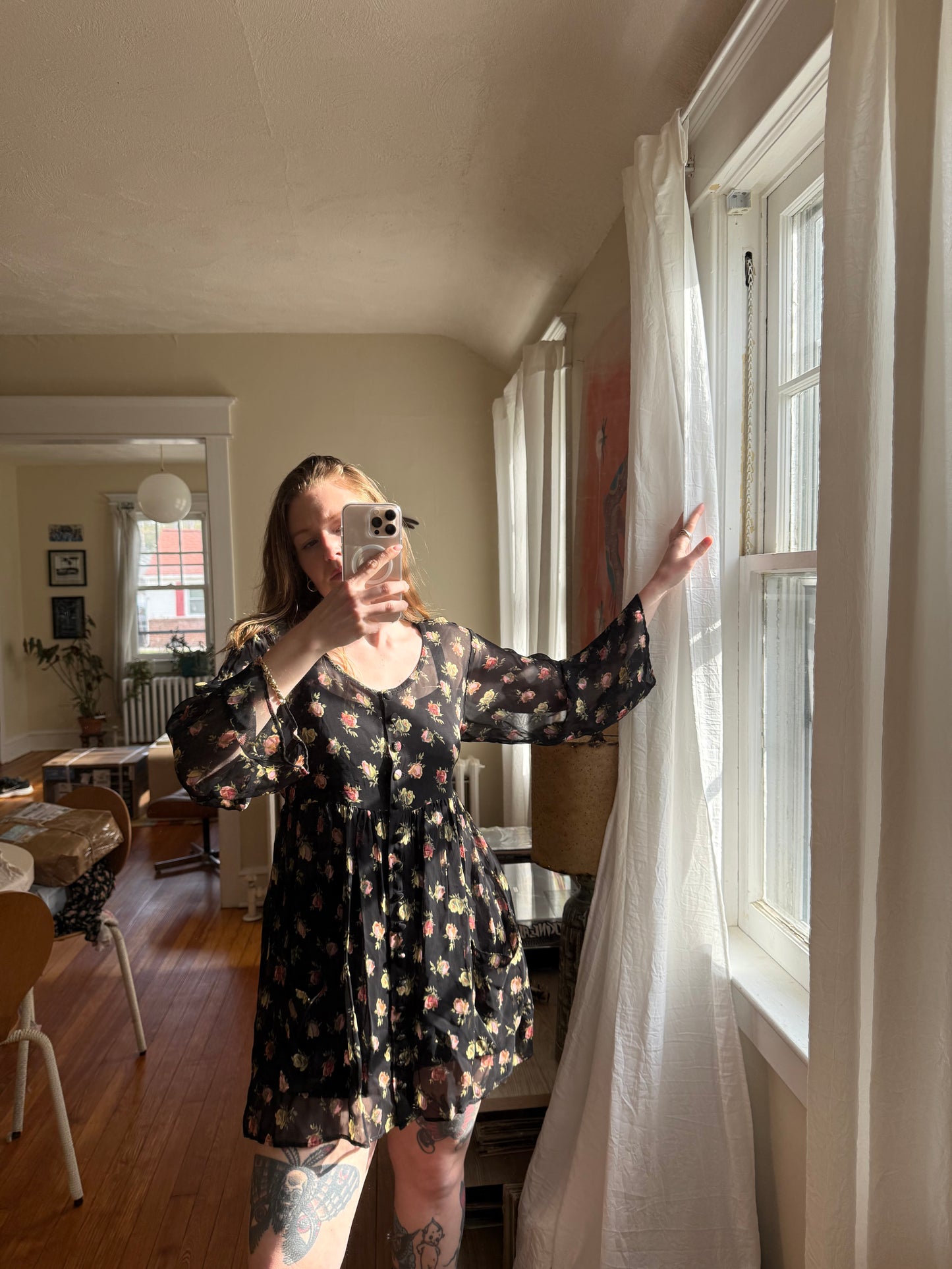 1990s Betsey Johnson Sheer Floral Dress & 1990s Floral Tank Dress