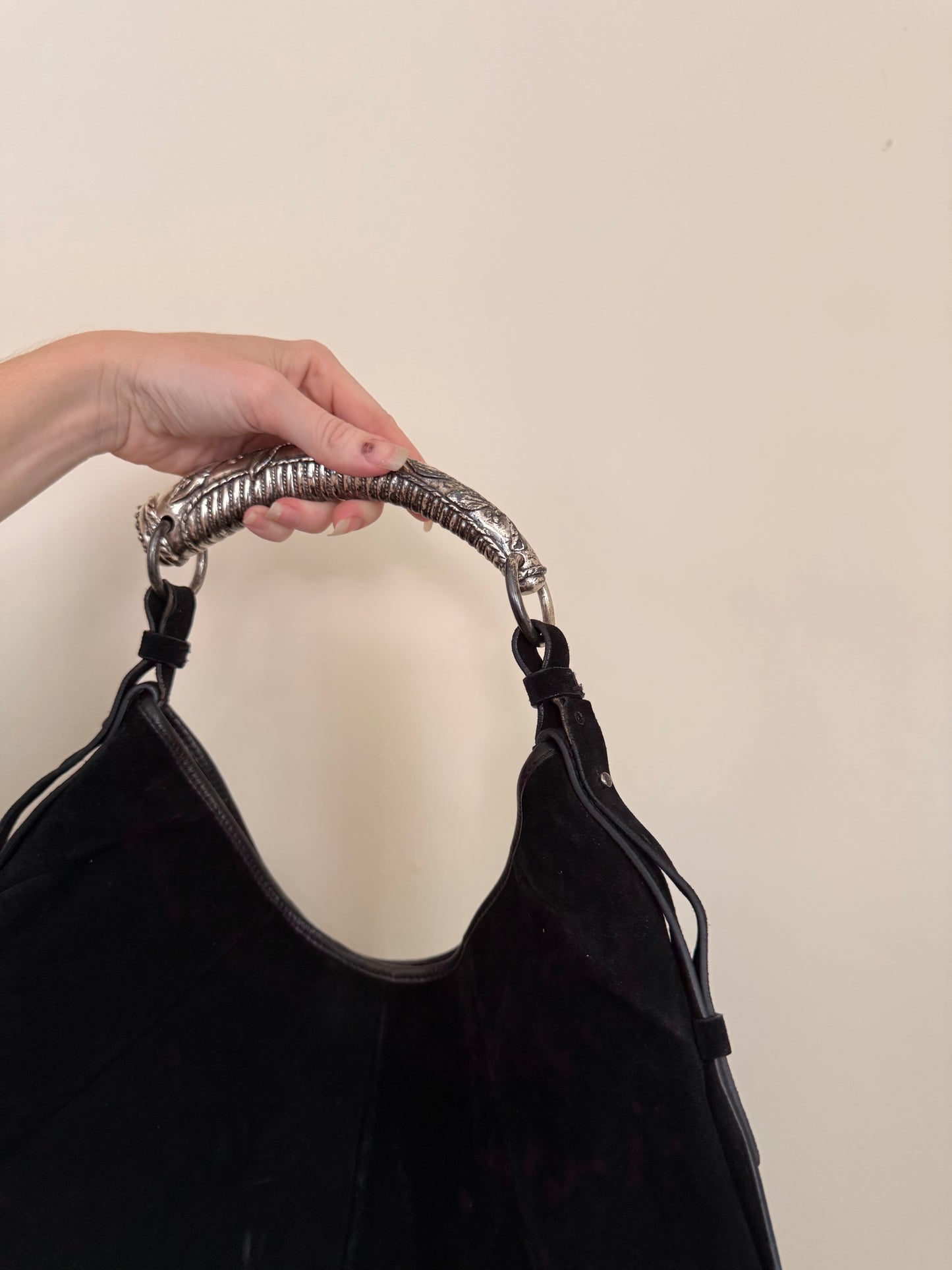 Vintage YSL Mombasa Black Suede Purse with Metal Horn