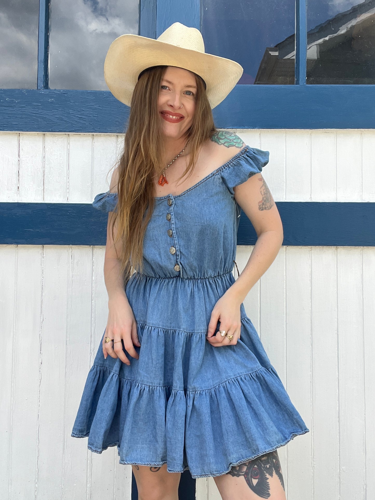 1980s Denim Off The Shoulder Ruffle Dress