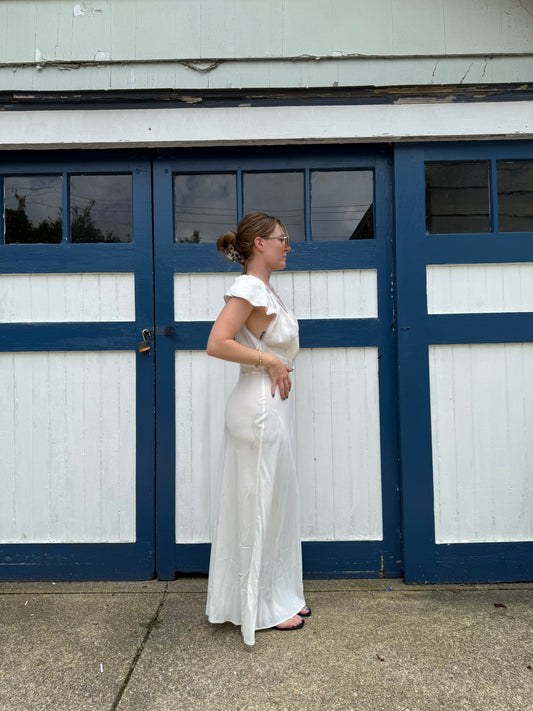 1940s 100% Rayon White & Light Blue Slip Dress L/XL