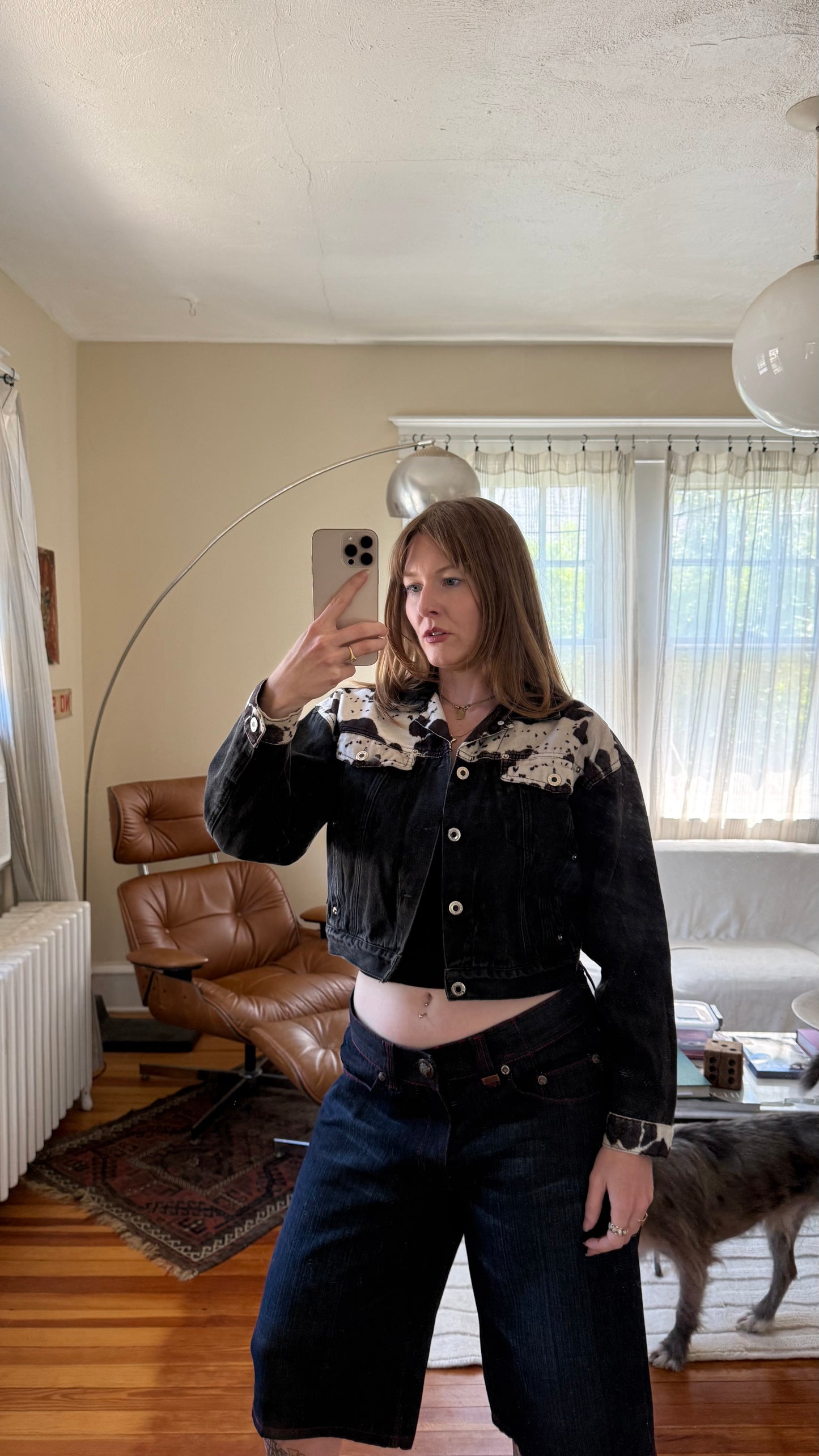 1980s Squeeze Black Denim Jacket with Cow Print