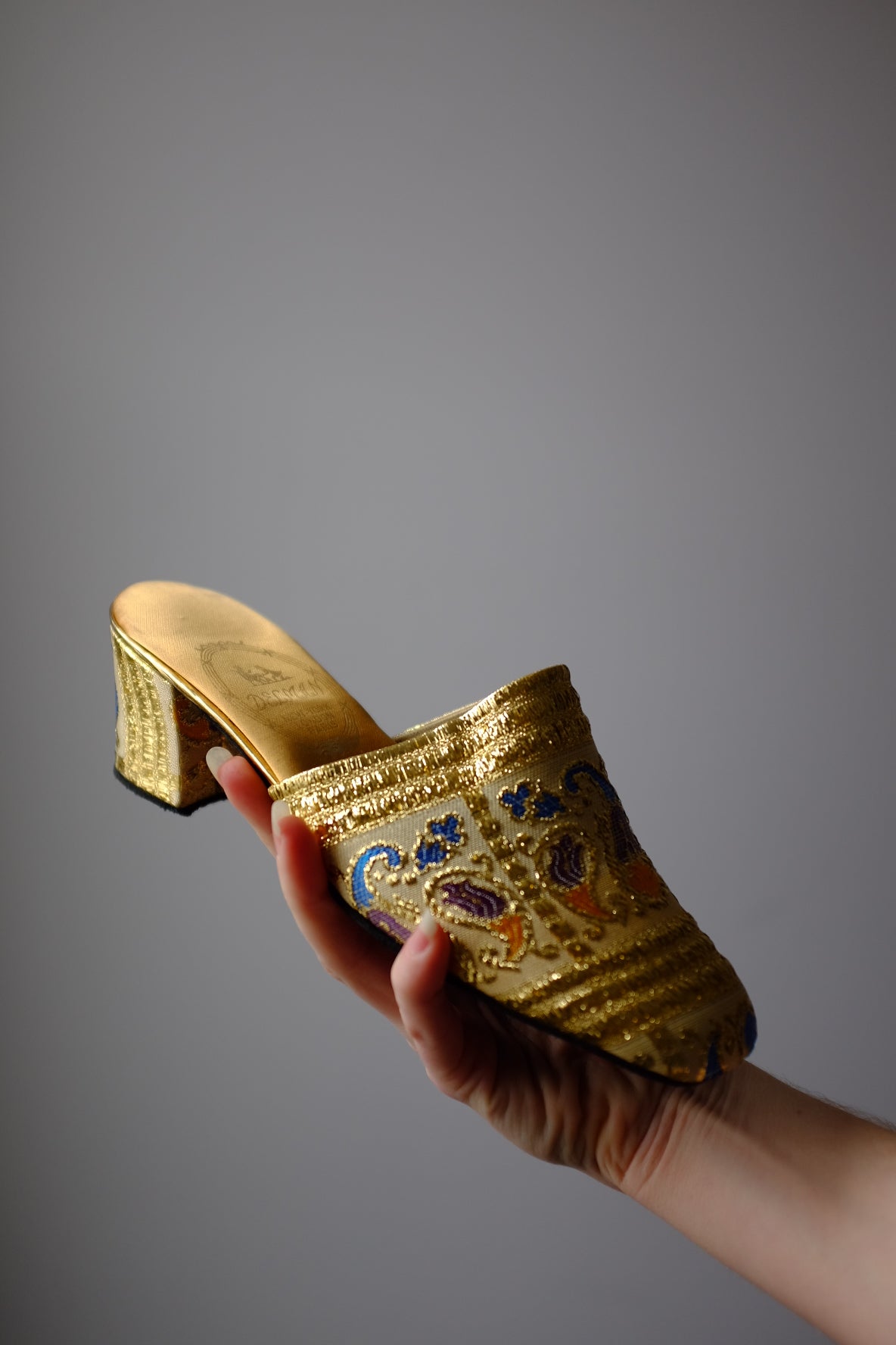 1970s Gold Printed Mules 7.5