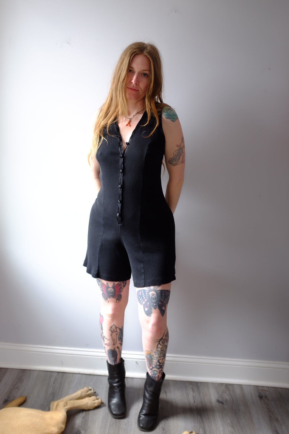 1980s Black Ribbed Button Up Romper M