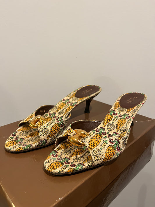 Authentic Gucci Pigna Pineapple Print Canvas Mule Heels 7.5