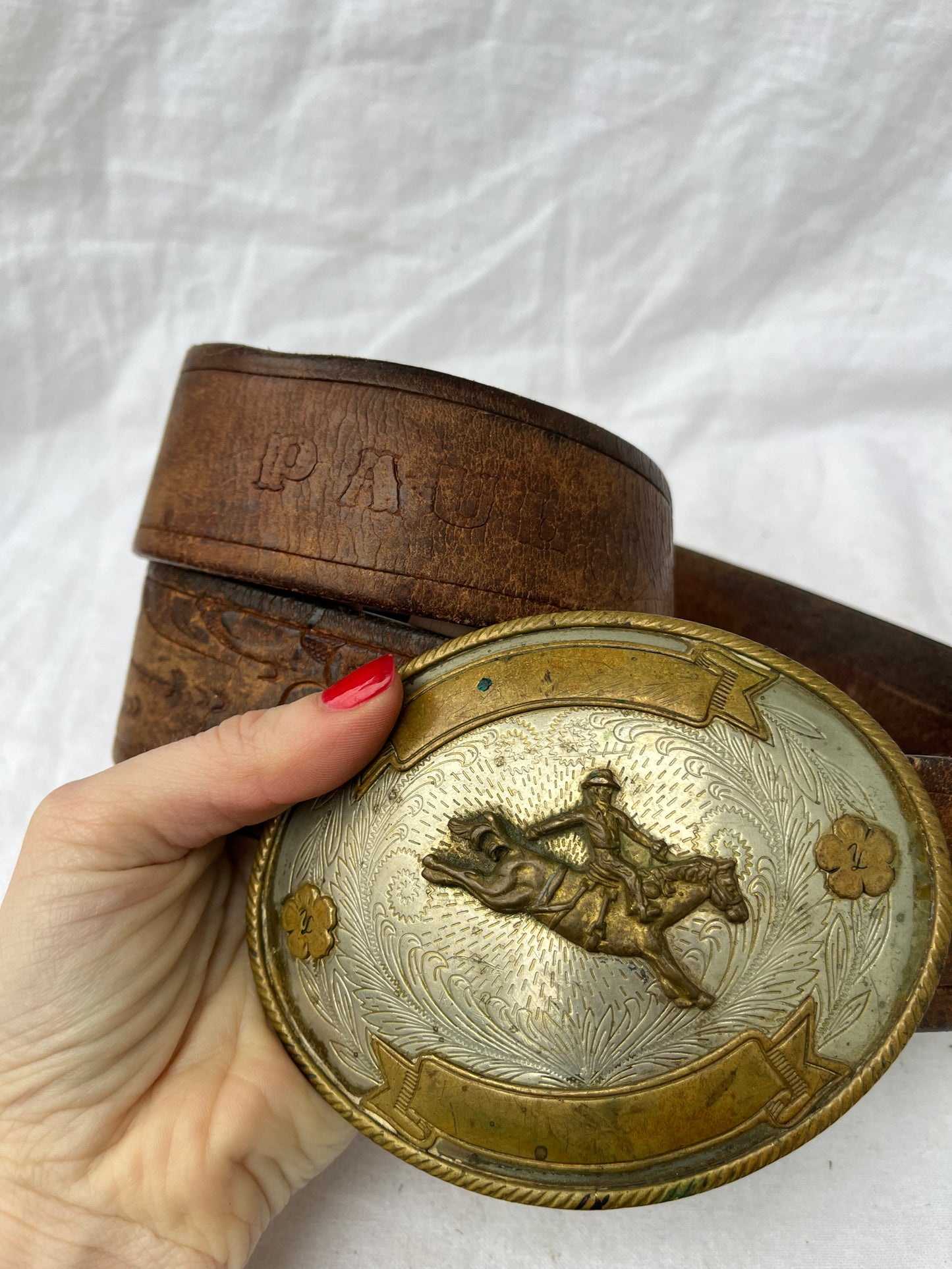 Tony Lama German Silver Cowboy Belt Buckle Brown Leather Belt 34”-39”