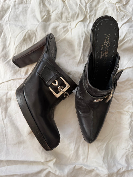 Vintage Yves Saint Laurent Black Leather Clogs with Buckle 36.5