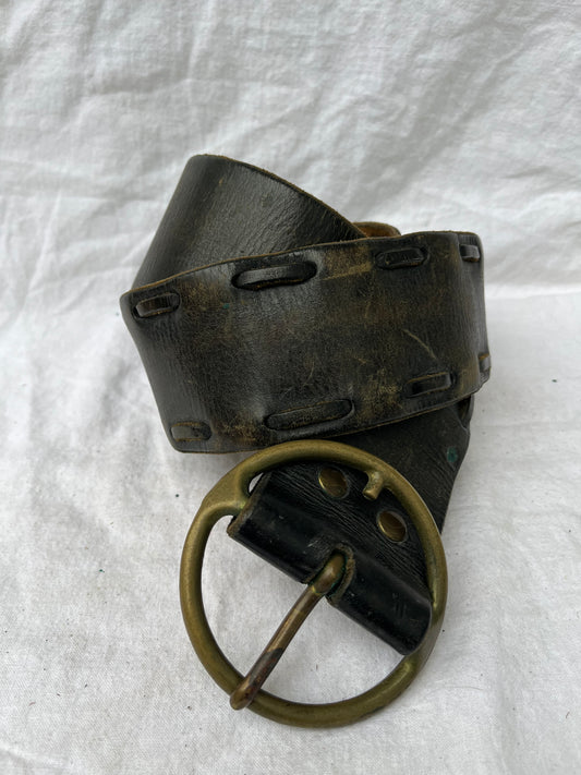 Wide Black Leather Belt with Brass Buckle 38”-41”
