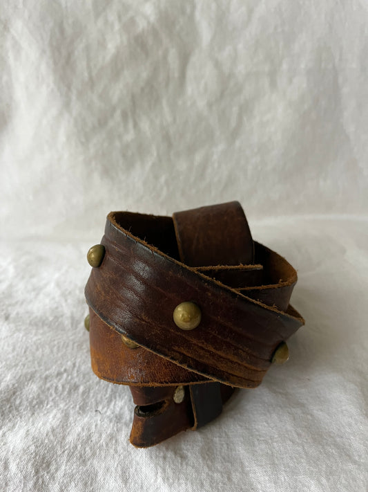Brown Brass Single Studded Leather Belt 36”-41”