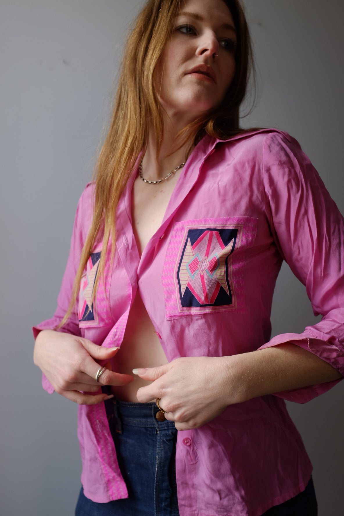 1980s Silk Geometric Button Up M