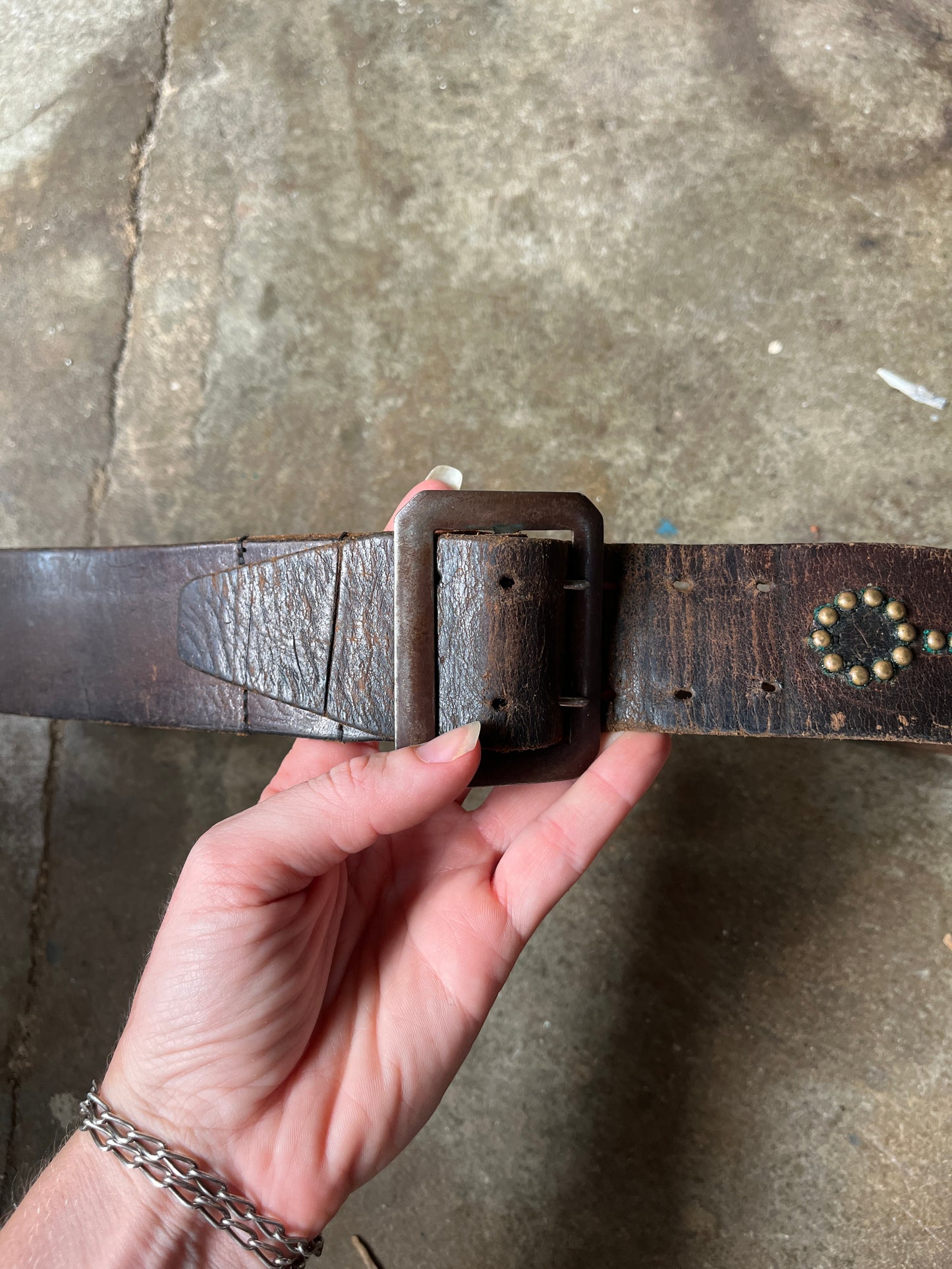 1930s 1940s Brown Leather Belt with Brass Round Studs