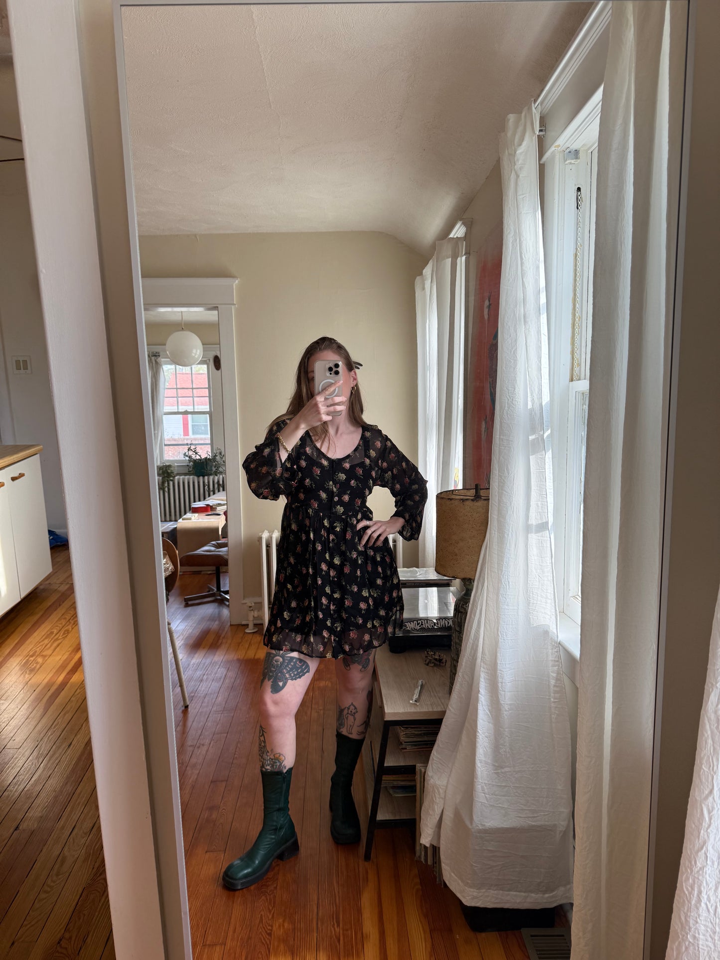 1990s Betsey Johnson Sheer Floral Dress & 1990s Floral Tank Dress