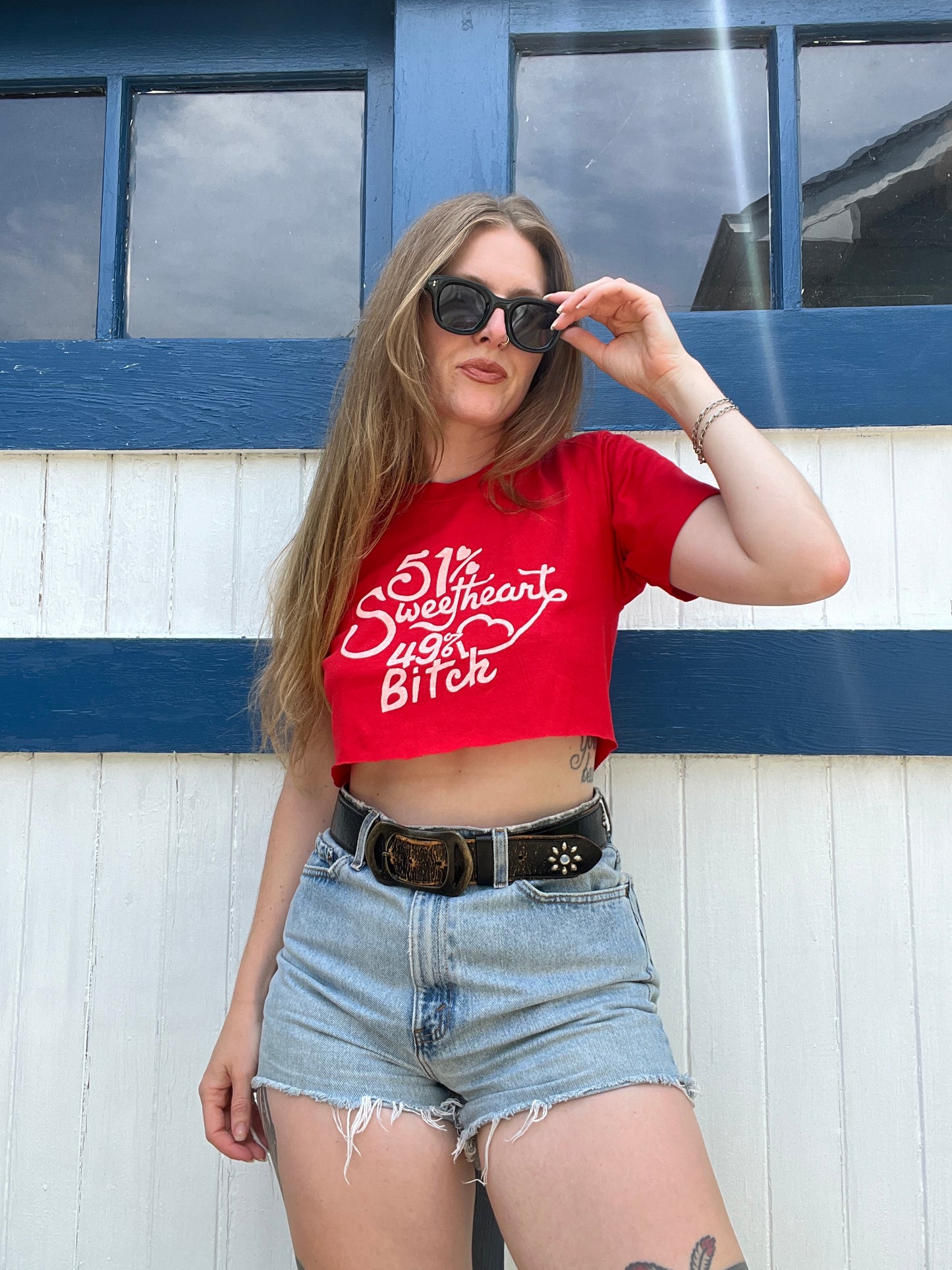 51% Sweetheart 49% Bitch Red Cropped Tee S/M