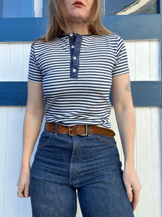 1970s Blue Striped Henley XXS/XS