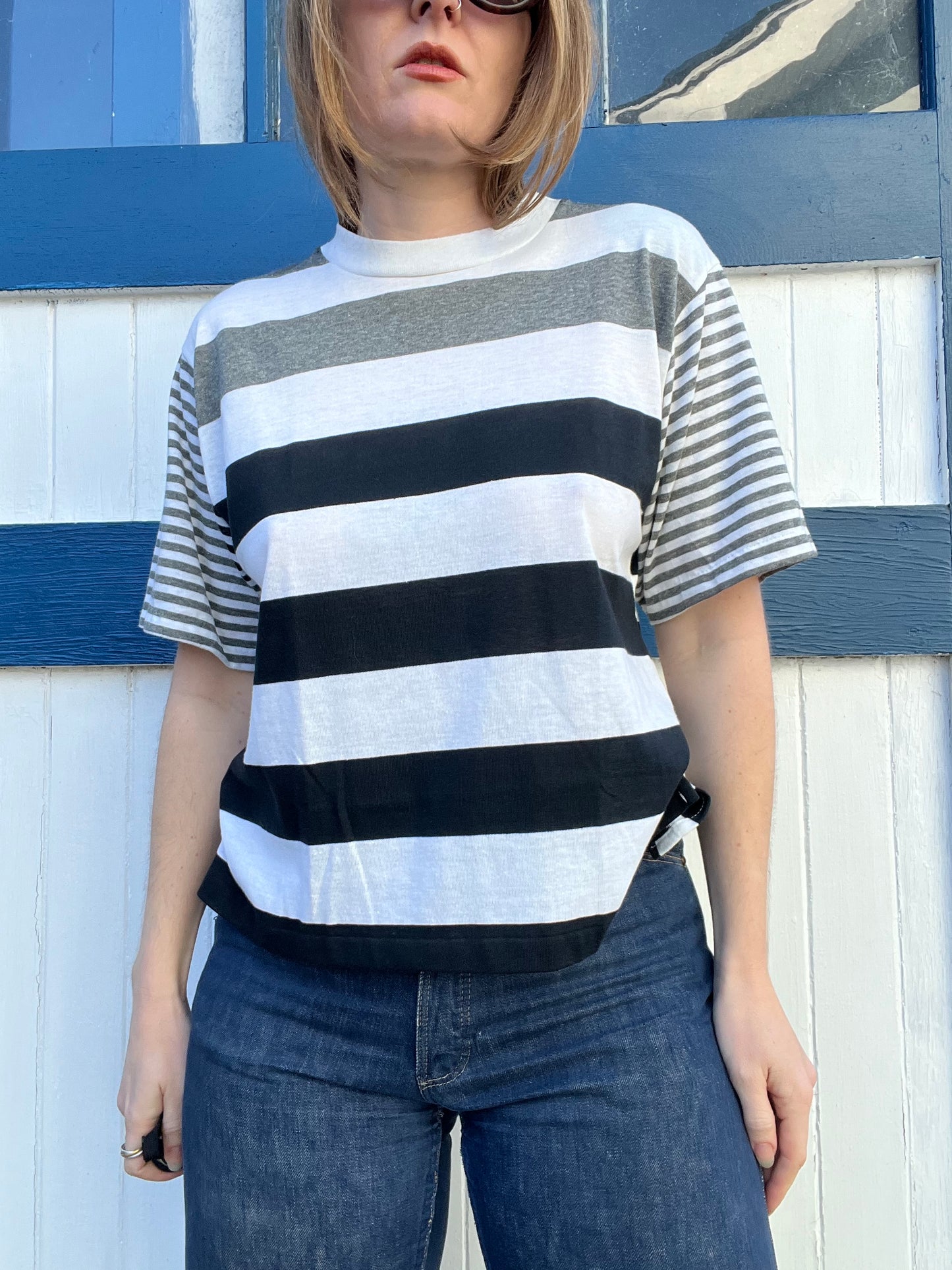 1980s Black and Grey Striped Tee M/L