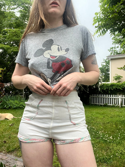 1950s Cotton White Plaid Gym Shorts S/M