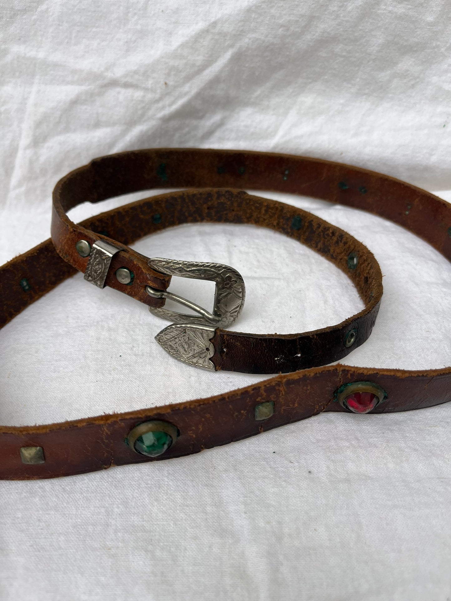 1950s Studded and Jeweled Thin Brown Leather Belt 37”-41” Plus Additional Belt