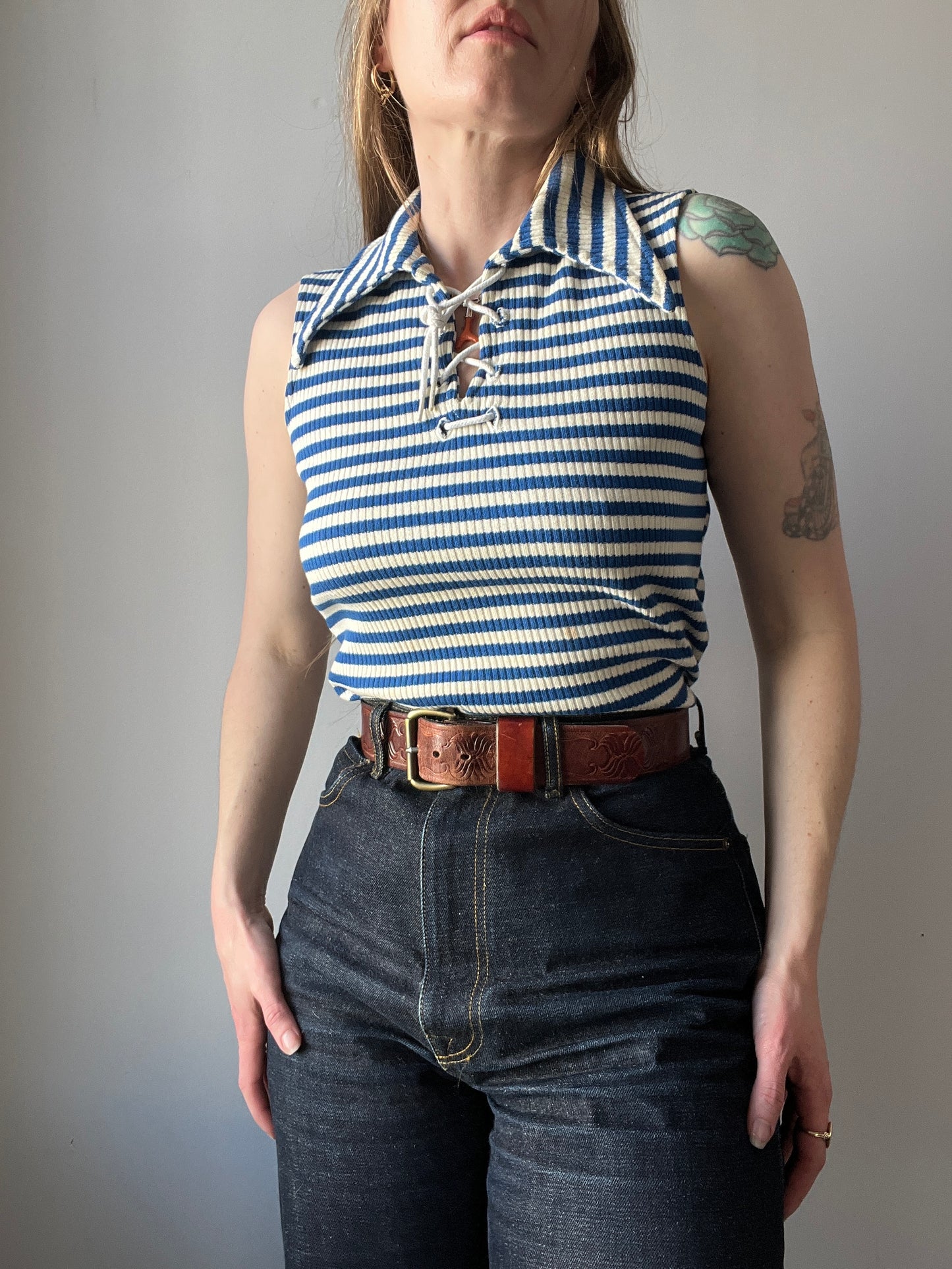 1950s Jantzen Lace Up Striped Blue Top M