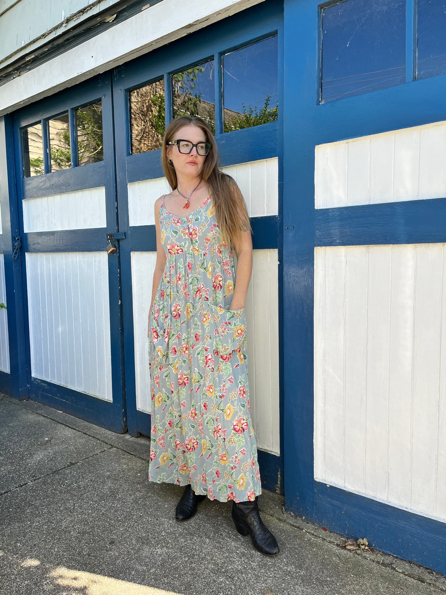 100% Rayon Blue Floral Maxi Dress