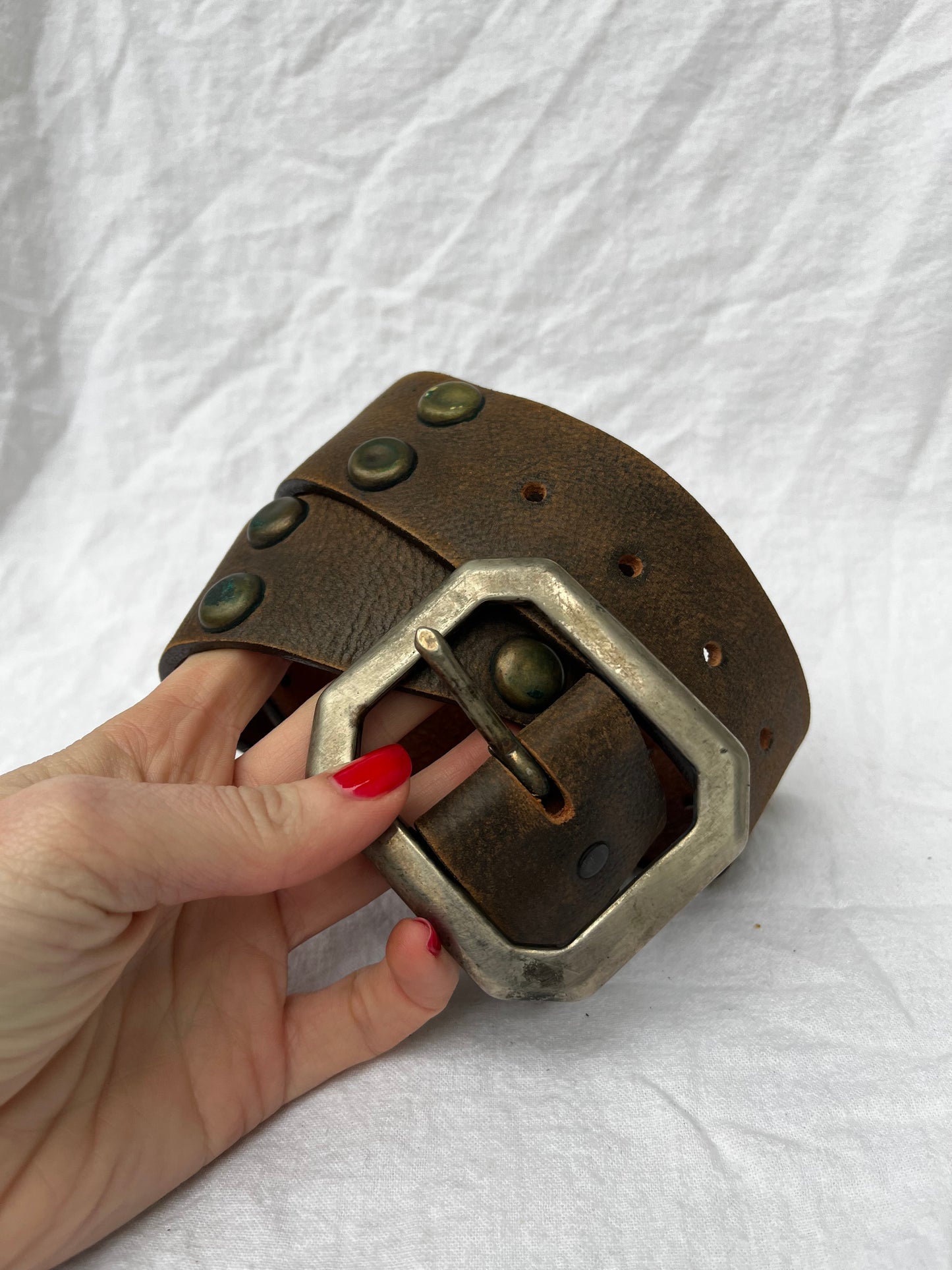 Brown Leather Belt with Brass Studs 32”-38”