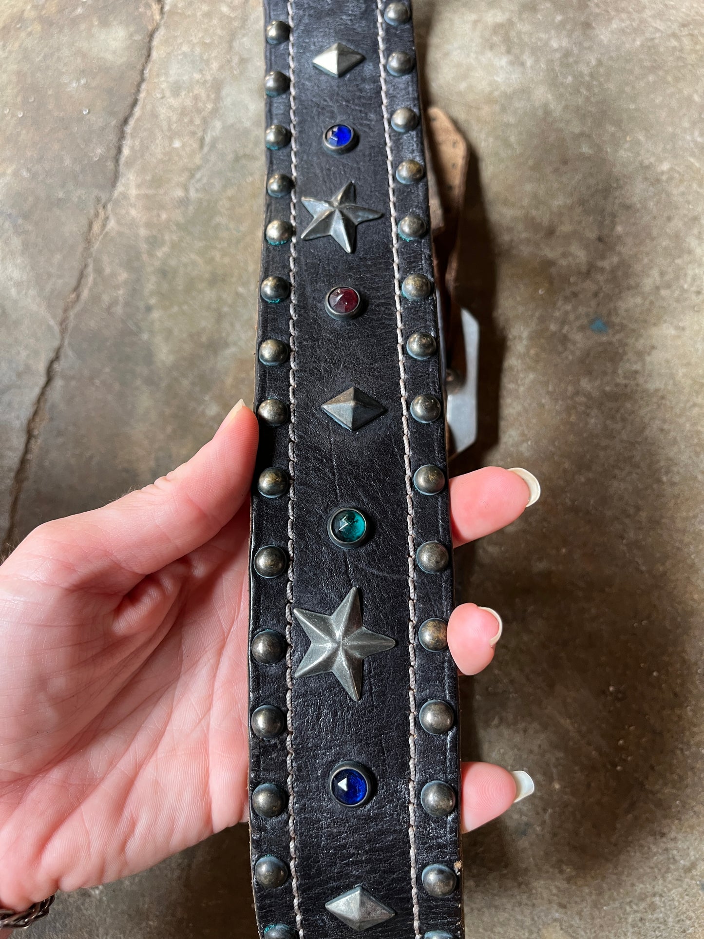 RRL Star and Jewel Studded Leather Biker Belt 34”-40”