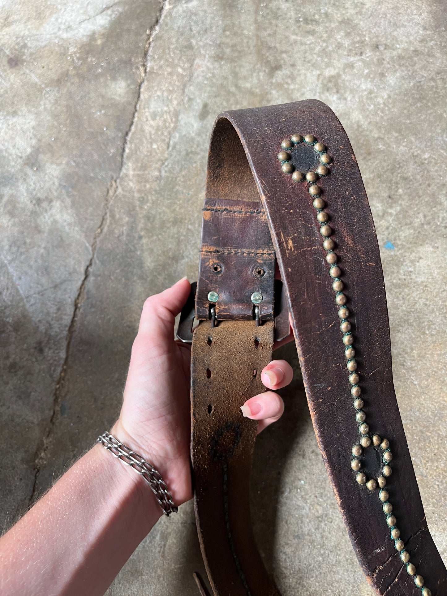 1930s 1940s Brown Leather Belt with Brass Round Studs