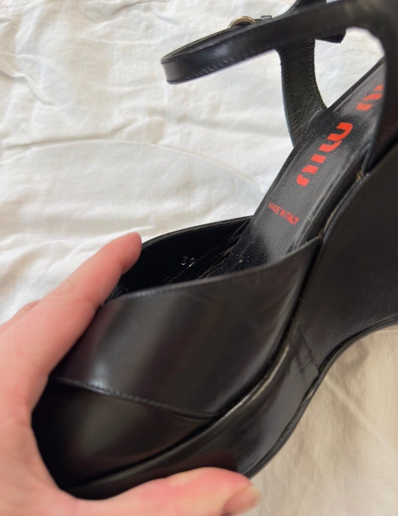 Vintage 1990s Miu Miu Black Leather Peep Toe Wedges 39
