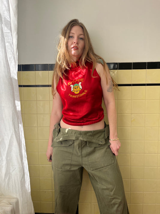 1940s Master Mason's Chainstitched Silk Red Top