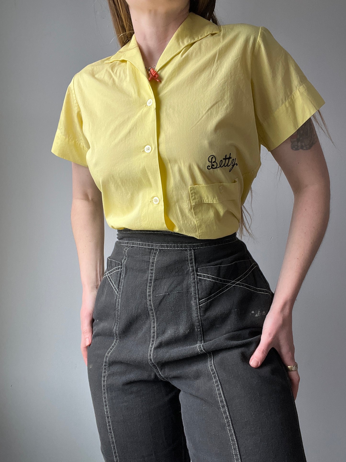 1950s Chainstitched Yellow Bowling Shirt M