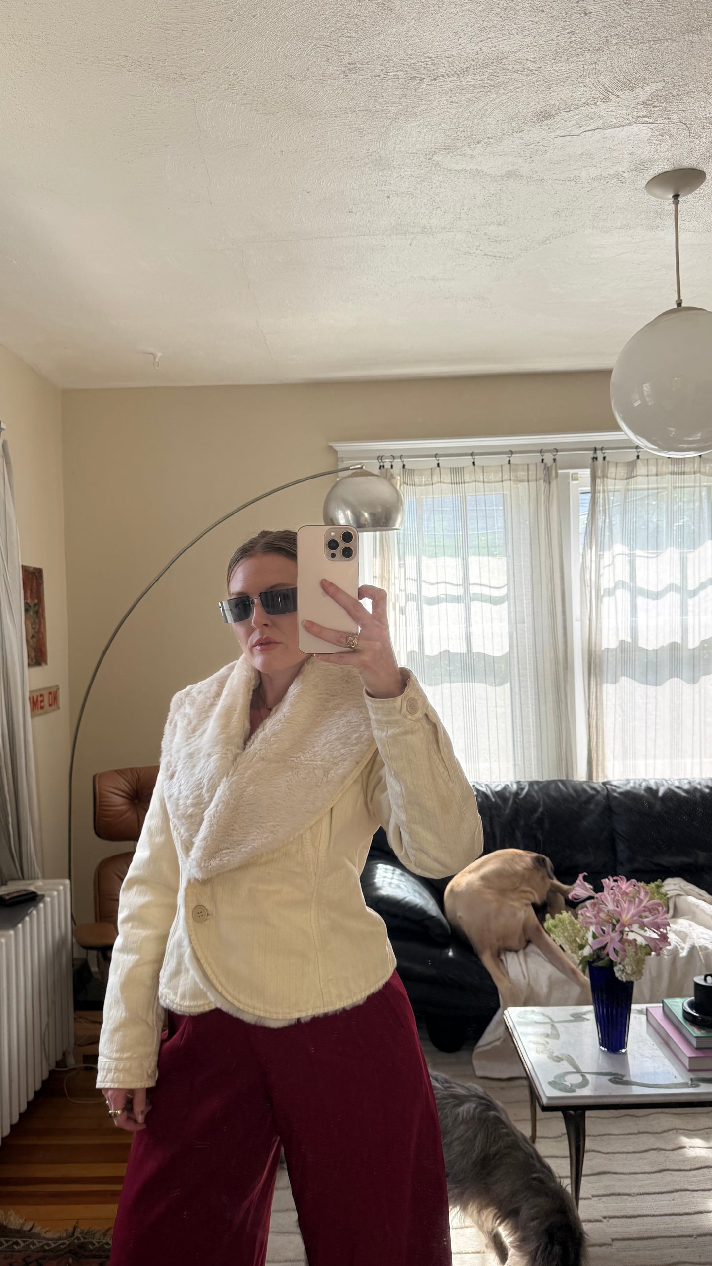Y2K White DKNY Genuine Fur Shawl Jacket with Fur Lining