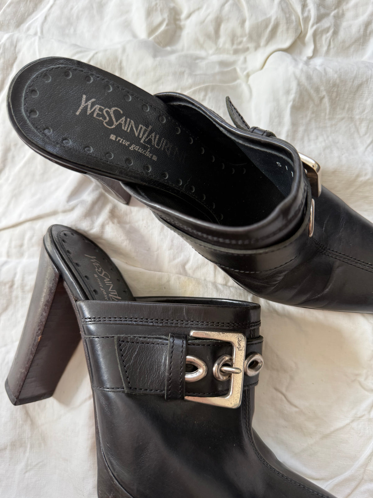 Vintage Yves Saint Laurent Black Leather Clogs with Buckle 36.5