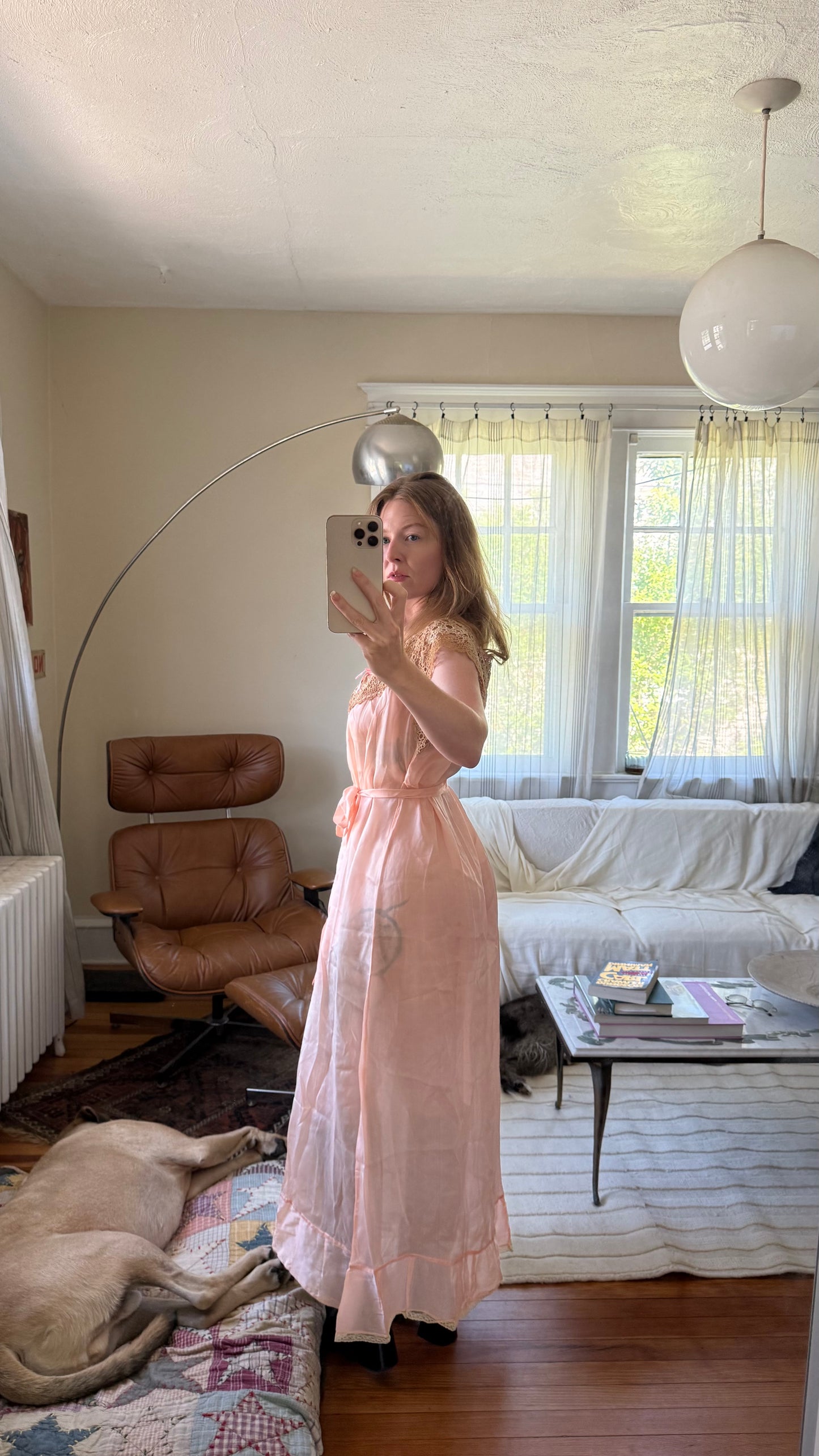 1920s or 1930s Victorian Era Pink Silk Maxi Dress with Belt Tie S to L