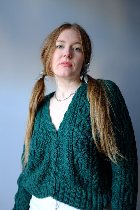 1980s Cable Knit Deep Green Sweater M